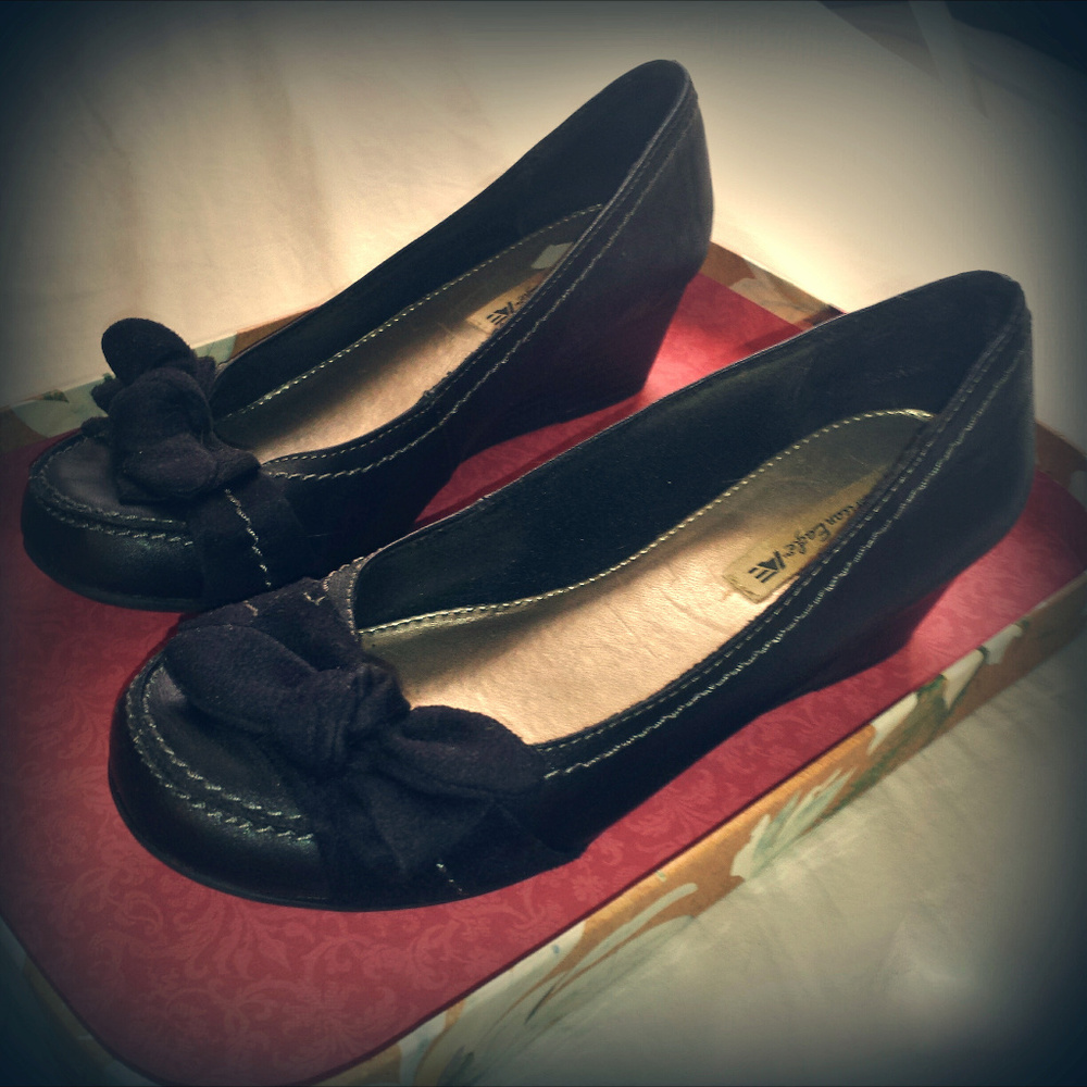 American Eagle Black Faux Leather Wedge Heels